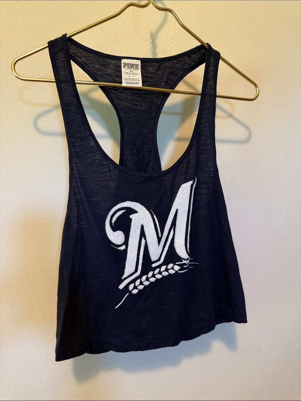 PINK Victoria's Secret Black Racerback Tank with White 'M' Graphic